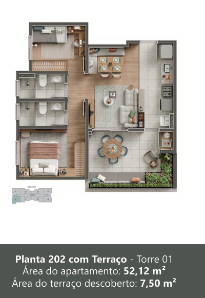 Planta 2 Dorms com Suíte e Terraço